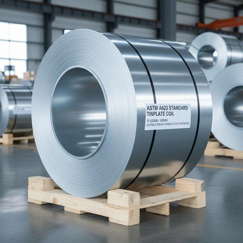 Bobina de aço estanhado ASTM A623, diâmetro interno da bobina 420mm 508mm, dureza DR10, adequada para aplicações de embalagens de bebidas e alimentos