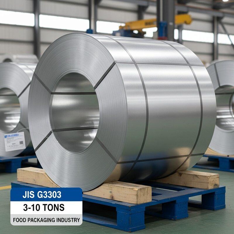 Bobina de Folha de Flandres para Latas de Alimentos Peso da Bobina 3-10 Ton Padrão JIS G3303 Material Resistente Adequado para a Indústria de Embalagens de Alimentos